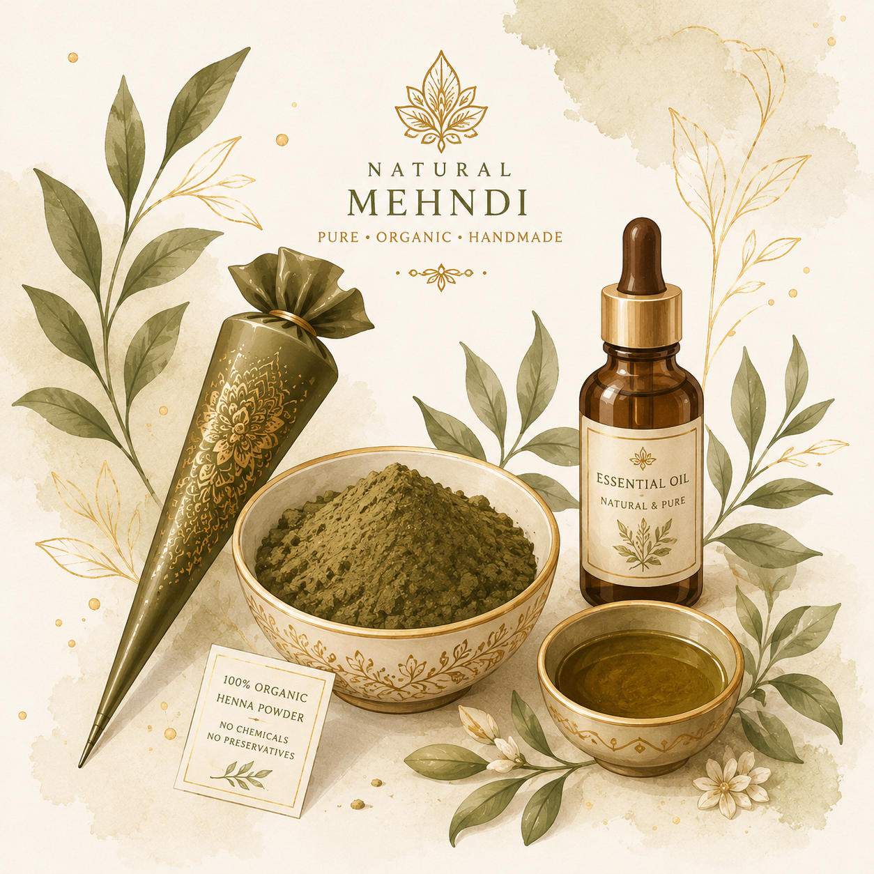 Premium organic mehndi cones, henna powder, and essential oils for professional mehndi artists.